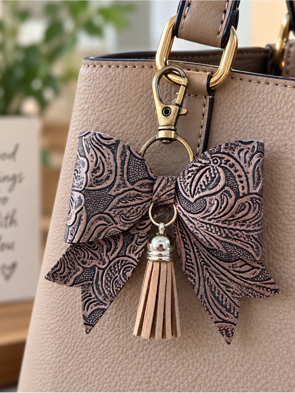 Brown Faux Leather Embossed Bow Bag Charm Key Chain